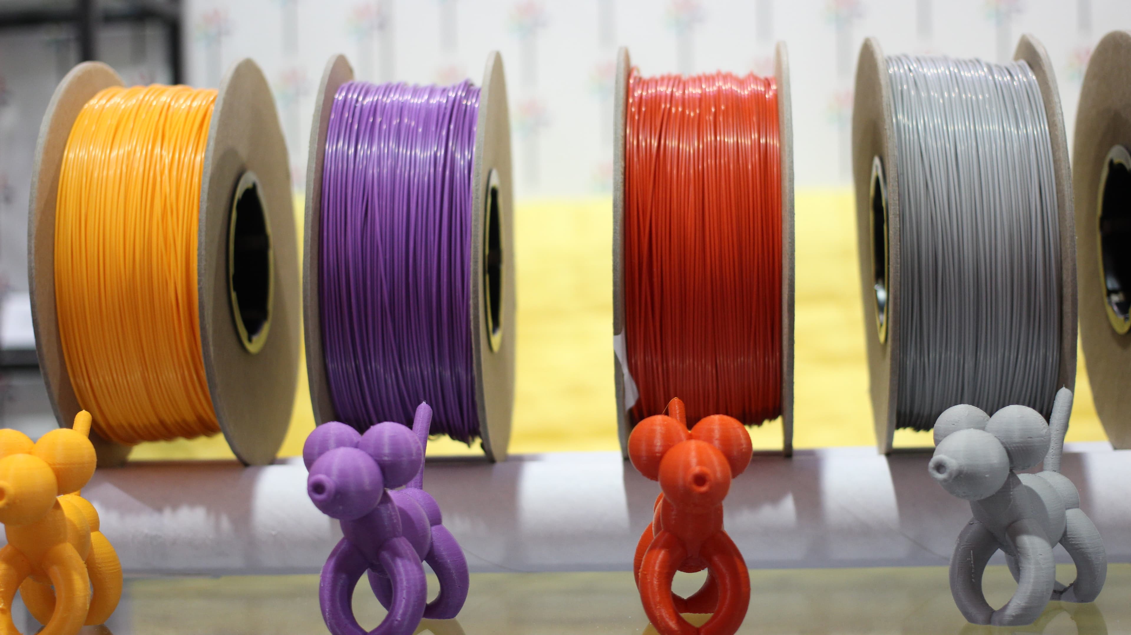 Assorted 3D printing materials and filaments on display