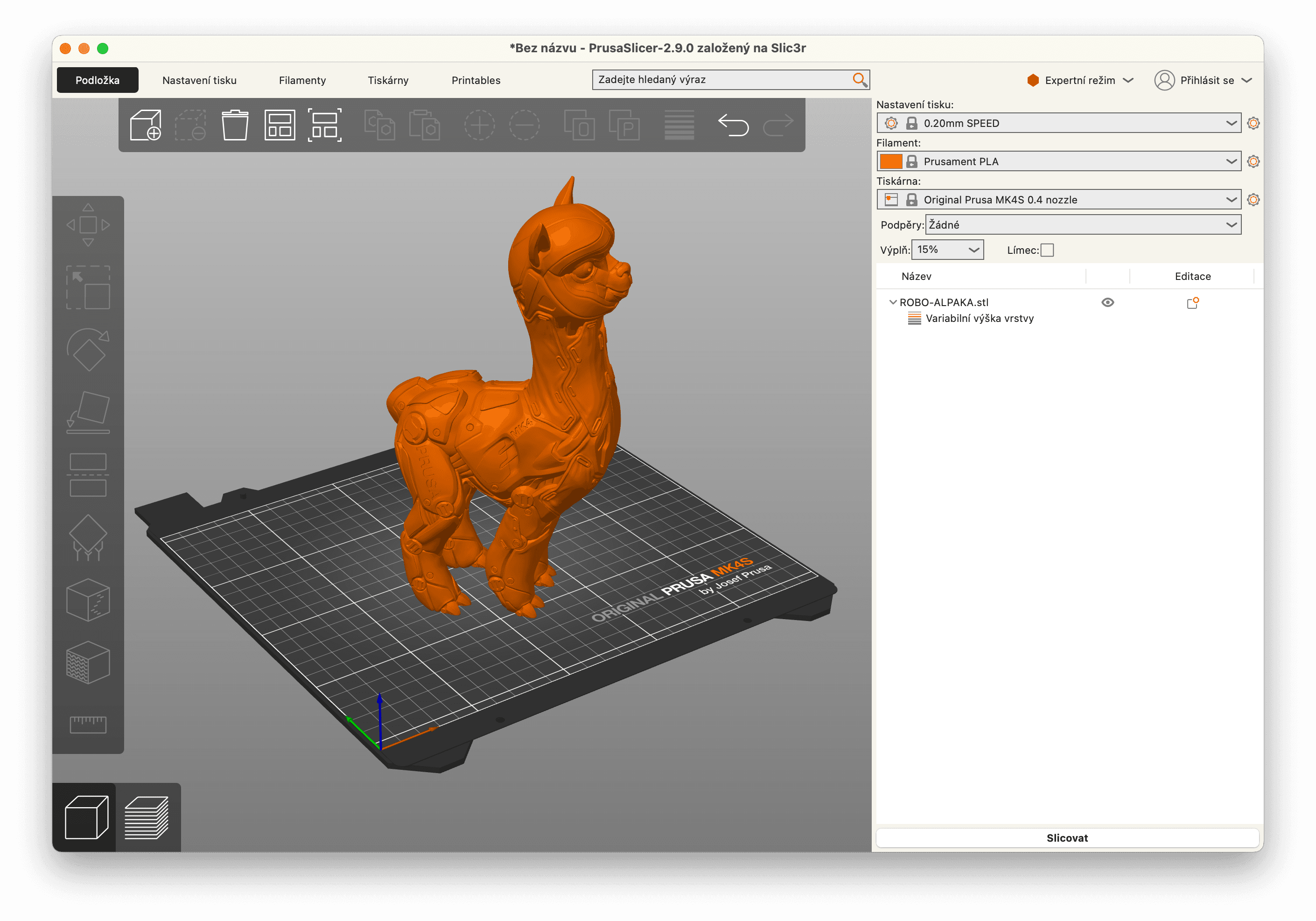 PrusaSlicer software showing a 3D model with print settings